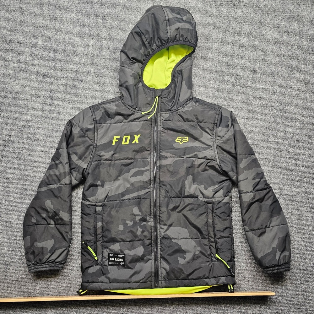 Fox Racing Boys Youth Small YS Grey Camo Puffer Jacket Neon Yellow MXF-02-74